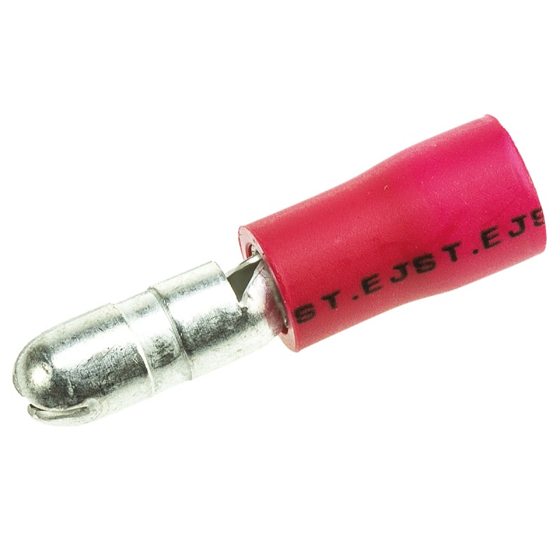 100 pcs - JST, FVDAGM Insulated Male Crimp Bullet Connector, 0.25mm² to 1.65mm², 22AWG to 16AWG, 4mm Bullet diameter, Red
