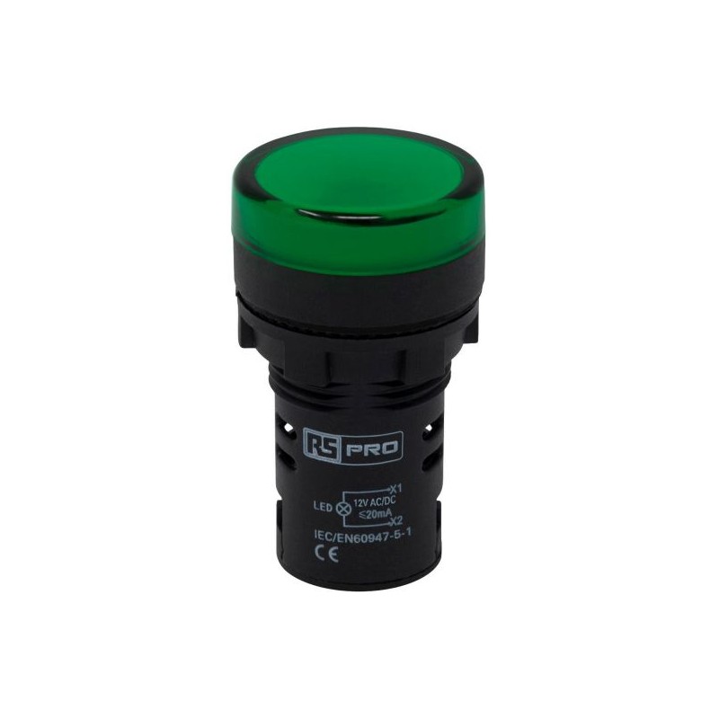 5 pcs - RS PRO, Panel Mount Green LED Pilot Light, 22mm Cutout, IP65, Round, 12V ac/dc