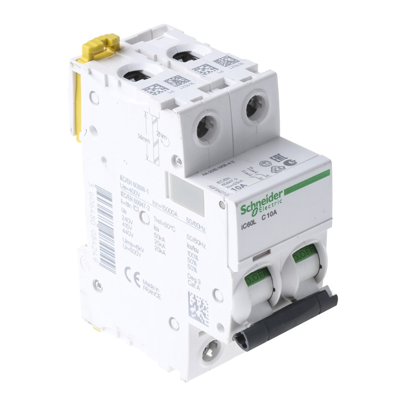 1 pcs - Schneider Electric Acti 9 iC60L MCB, 2P, 10A Curve C, 100 - 130V AC, 12 - 144V DC, 10 kA Breaking Capacity