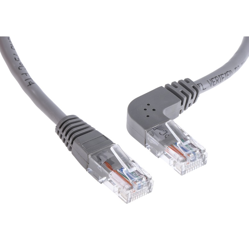 1 pcs - RS PRO Cat5e Straight Male RJ45 to Right Angle Male RJ45 Ethernet Cable, U/UTP, Grey PVC Sheath, 1m