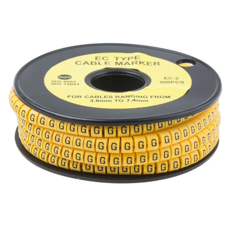 1 Reel of 500 - RS PRO Slide On Cable Markers, Black on Yellow, Pre-printed 'G', 3.6 - 7.4mm Cable
