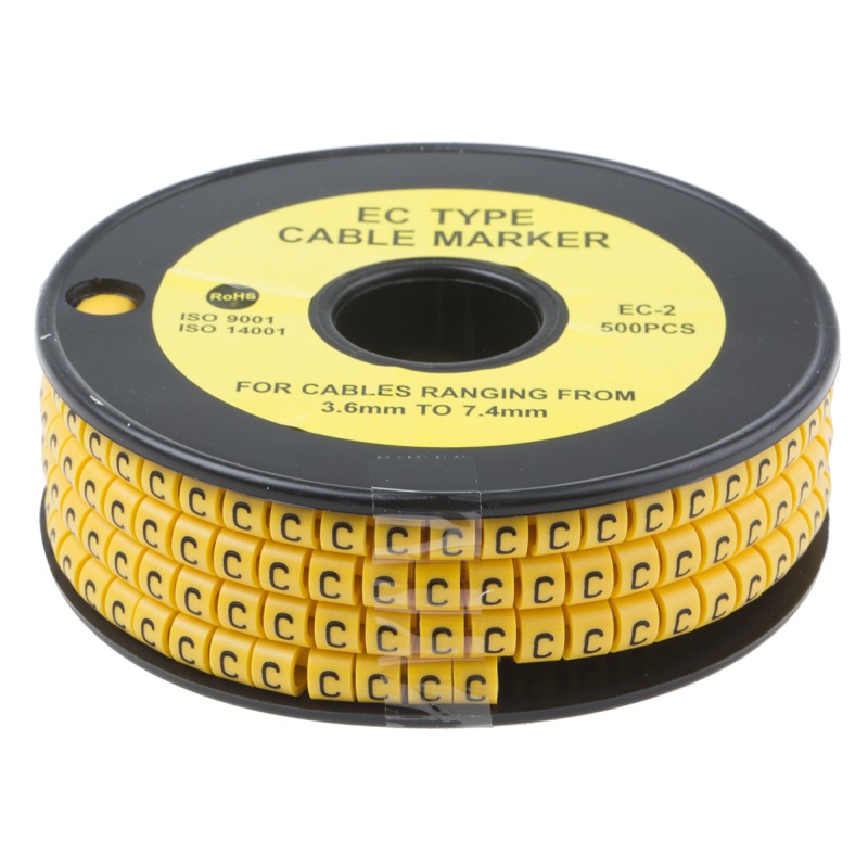 1 Reel of 500 - RS PRO Slide On Cable Markers, Black on Yellow, Pre-printed 'C', 3.6 - 7.4mm Cable