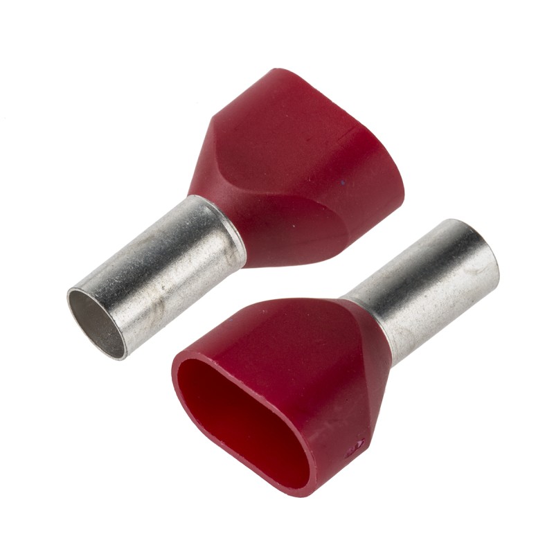 500 pcs - JST, TWE Insulated Crimp Bootlace Ferrule, 12mm Pin Length, 5.8mm Pin Diameter, 2 x 10mm² Wire Size, Red
