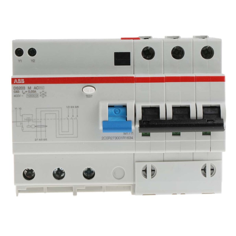 1 pcs - ABB RCBO, 63A Current Rating, 3P Poles, 30mA Trip Sensitivity, System Pro M Compact Range