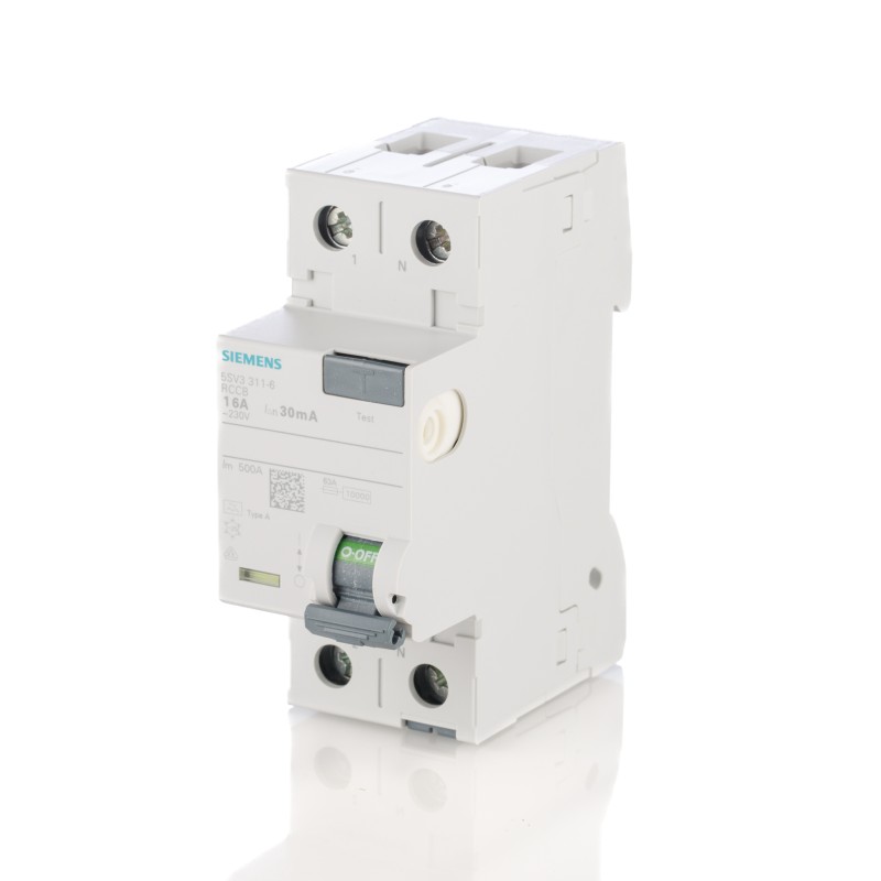 1 pcs - Siemens 5SV3 RCCB, 16A, 2 Pole, 30mA, Type A, 230V ac