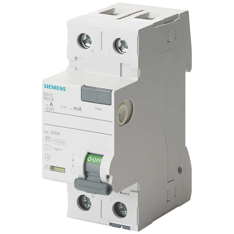 1 pcs - Siemens 5SV3 RCCB, 25A, 2 Pole, 30mA, Type A, 230V ac