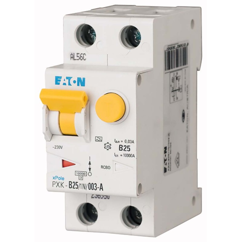 1 pcs - Eaton RCBO, 25A Current Rating, 1P+N Poles, 30mA Trip Sensitivity, Type A, Type C, PXK Range