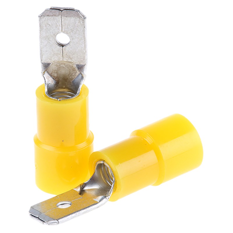 100 pcs - RS PRO Yellow Insulated Male Spade Connector, Tab, 0.8 x 6.35mm Tab Size, 4mm² to 6mm²