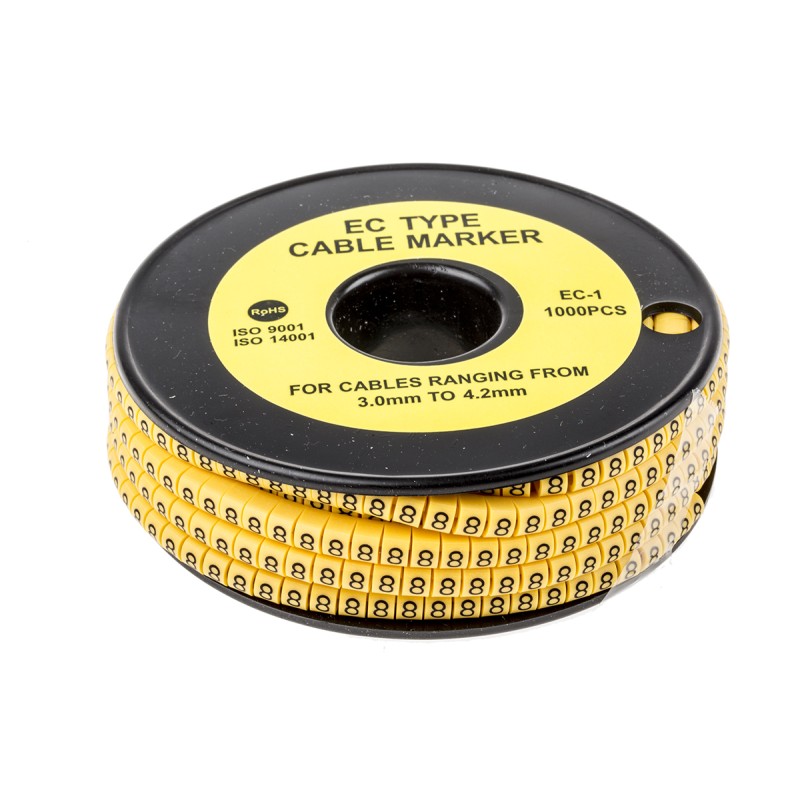 1 Reel of 1000 - RS PRO Slide On Cable Markers, Black on Yellow, Pre-printed '8', 3 - 4.2mm Cable