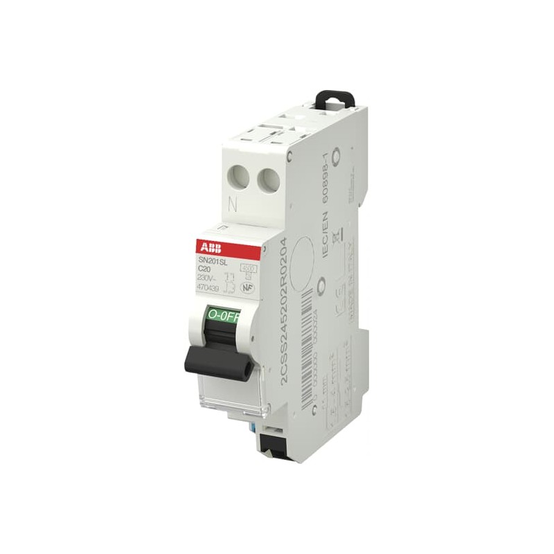 1 pcs - ABB SN201 MCB, 1P+N, 20A Curve C, 230V AC, 4.5 kA Breaking Capacity