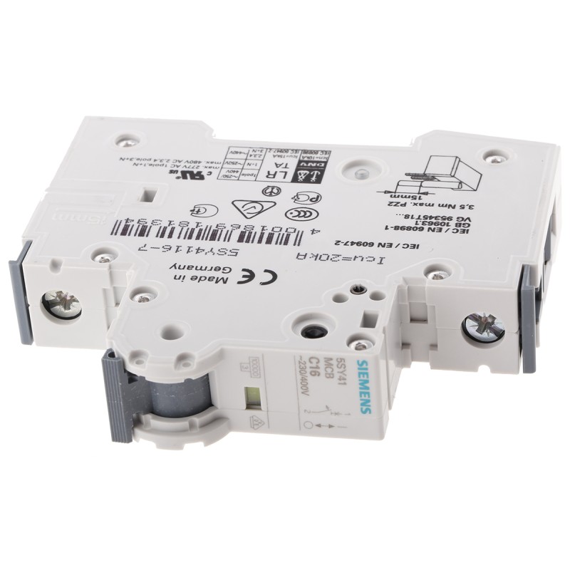 1 pcs - Siemens Sentron 5SY4 MCB, 1P, 16A Curve C, 400V AC, 10 kA Breaking Capacity