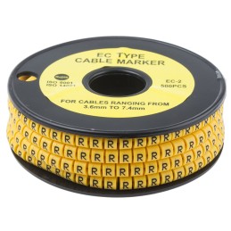 1 Reel of 500 - RS PRO Slide On Cable Markers, Black on Yellow, Pre-printed 'R', 3.6 - 7.4mm Cable
