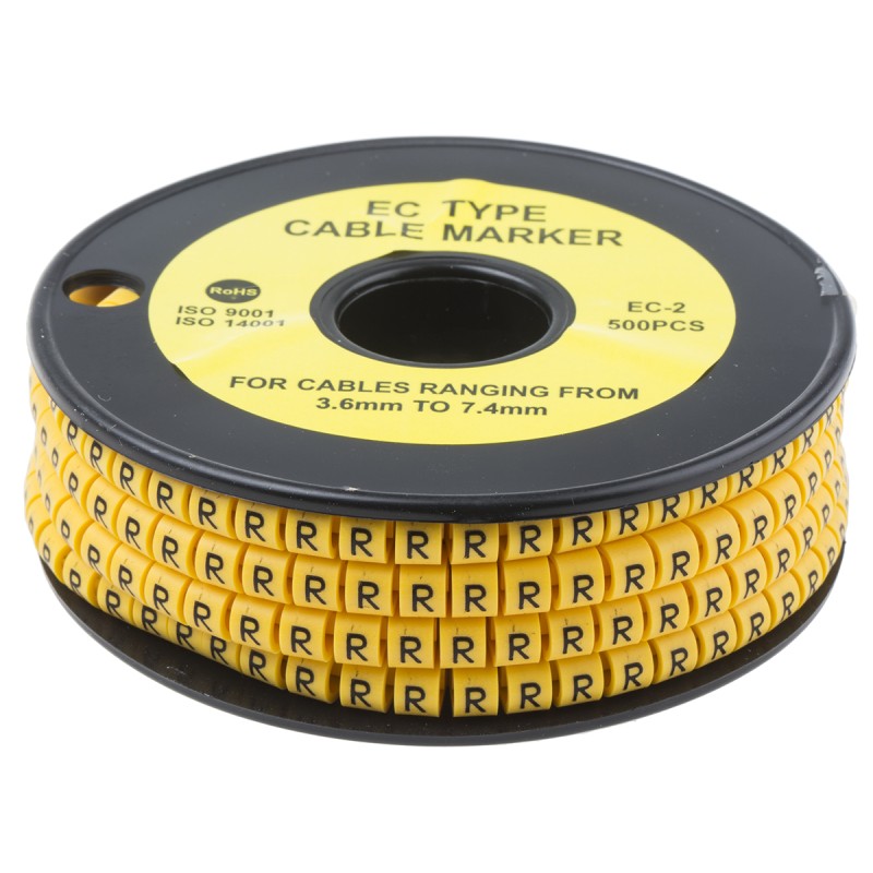 1 Reel of 500 - RS PRO Slide On Cable Markers, Black on Yellow, Pre-printed 'R', 3.6 - 7.4mm Cable