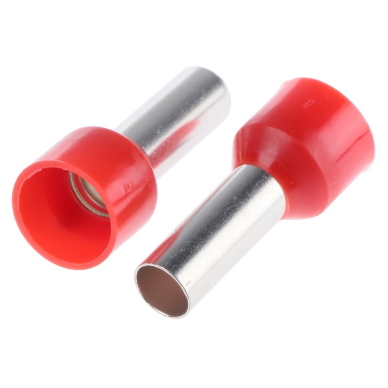 1 Bag of 100 - RS PRO Insulated Crimp Bootlace Ferrule, 12mm Pin Length, 4.5mm Pin Diameter, 10mm² Wire Size, Red