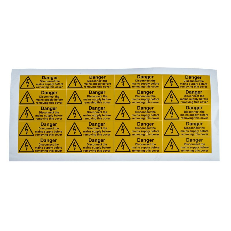 1 Bag of 20 - RS PRO Black/Yellow Vinyl Safety Labels, Danger Disconnect the mains supply before removing this cover-Text 20 mm 