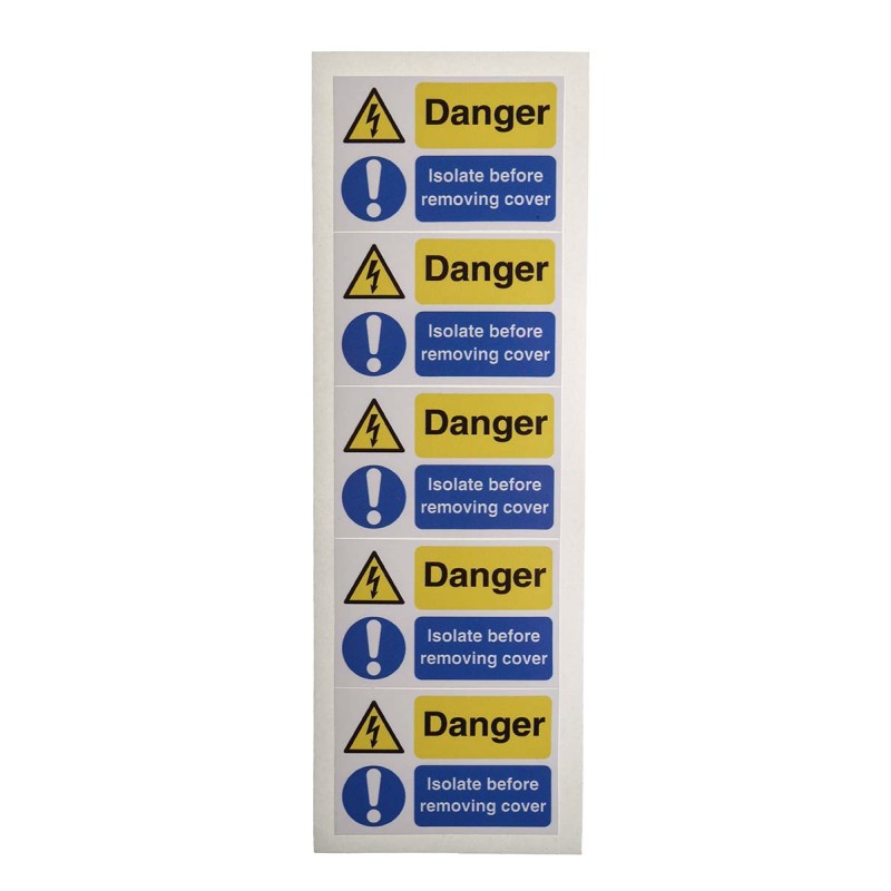1 Bag of 5 - RS PRO Black/Blue/White/Yellow Vinyl Safety Labels, Danger Isolated Before Removing Cover-Text 40 mm x 60mm