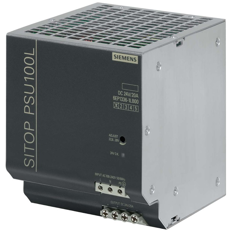 1 pcs - Siemens 6EP DIN Rail Power Supply, 240V ac Input, 24V dc Output, 20A Output, 45W