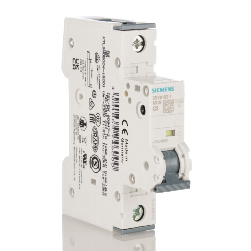 1 pcs - Siemens Sentron 5SY6 MCB, 1P, 2A Curve C, 230V AC, 6 kA Breaking Capacity