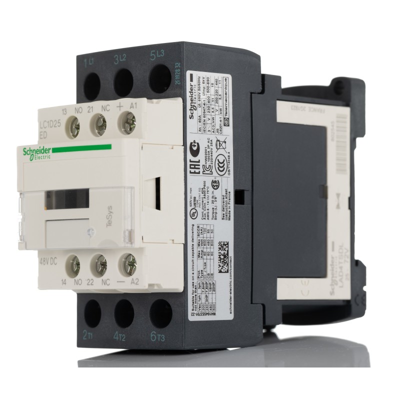 1 pcs - Schneider Electric LC1D Series Contactor, 48 V dc Coil, 3-Pole, 25 A, 11 kW, 3NO, 690 V ac