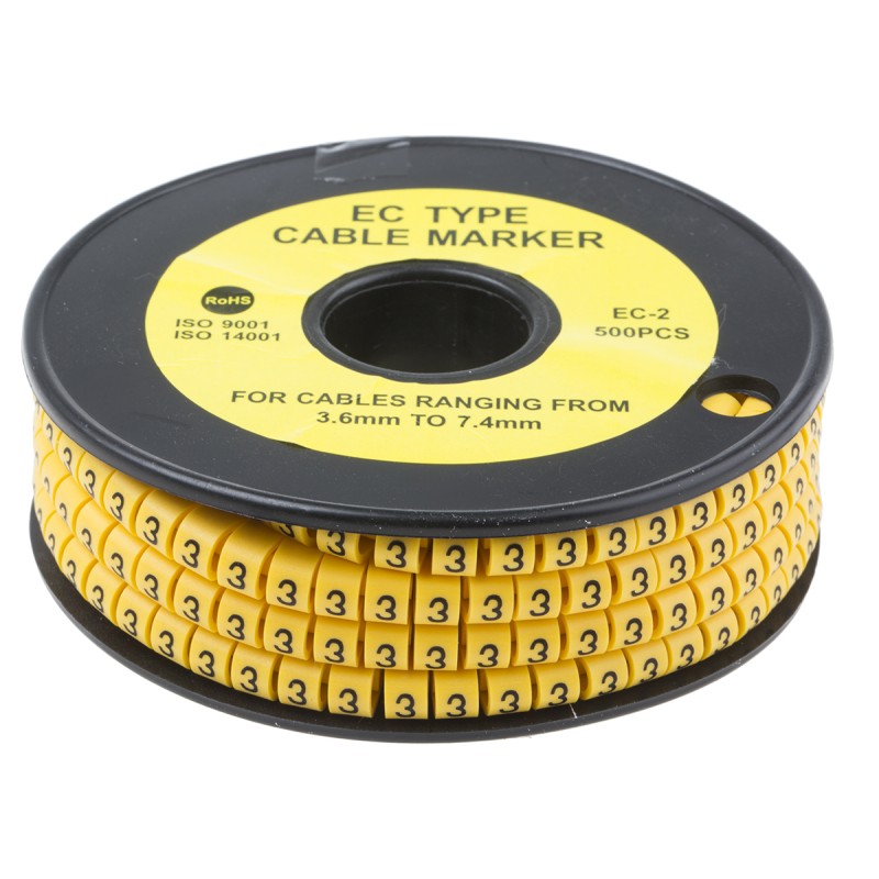 1 Reel of 500 - RS PRO Slide On Cable Markers, Black on Yellow, Pre-printed '3', 3.6 - 7.4mm Cable