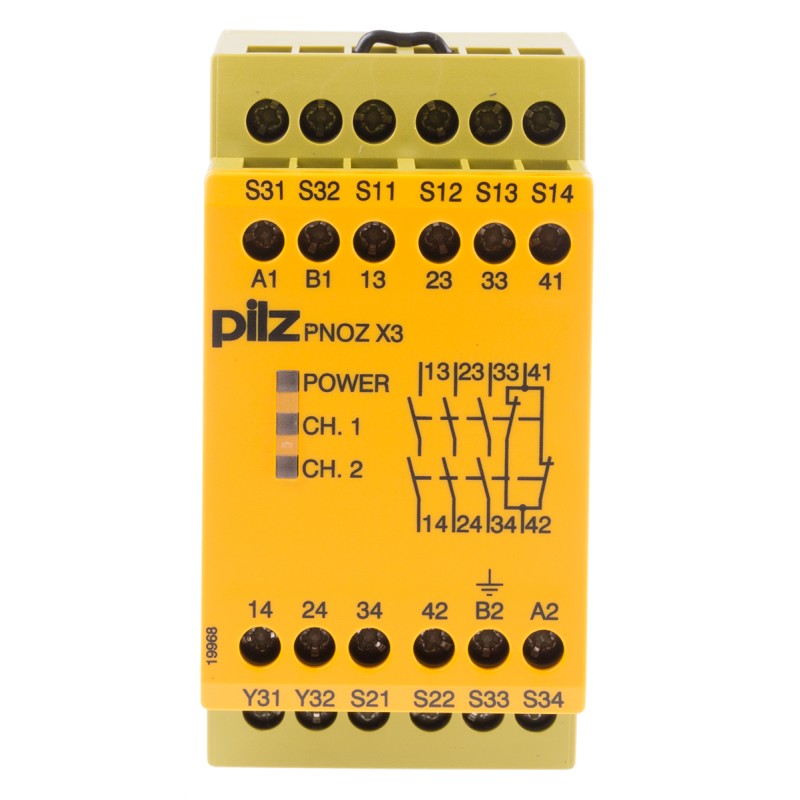 1 pcs - Pilz Dual-Channel Safety Switch/Interlock Safety Relay, 24V ac/dc, 3 Safety Contacts