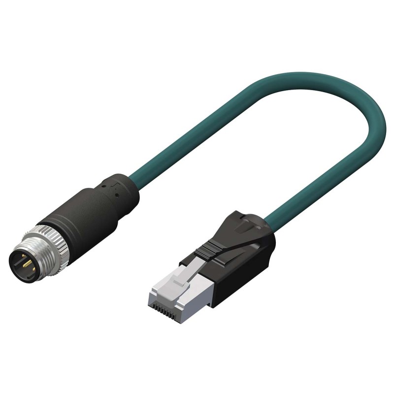 1 pcs - RS PRO Cat5e Straight Male M12 to Male RJ45 Ethernet Cable, Teal PUR Sheath, 500mm