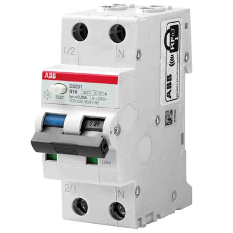 1 pcs - ABB RCBO, 16A Current Rating, 2P Poles, 30mA Trip Sensitivity, Type B, System Pro M Compact Range