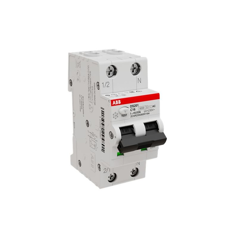 1 pcs - ABB RCBO, 16A Current Rating, 2P Poles, 30mA Trip Sensitivity, Type C, System Pro M Compact Range