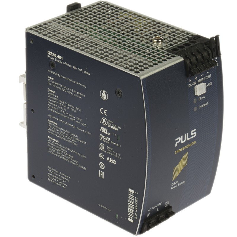 1 pcs - PULS DIMENSION Q Switch Mode DIN Rail Power Supply, 100 - 240V ac ac, dc Input, 48V dc dc Output, 10A Output,