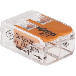 1 Pack of 10 - Wago 221 Series Lever Connector, 2-Way, 32A, 24 - 12 AWG Wire, Cage Clamp Termination