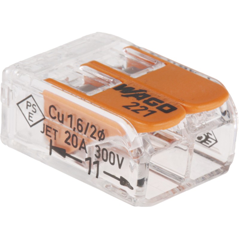 1 Pack of 10 - Wago 221 Series Lever Connector, 2-Way, 32A, 24 - 12 AWG Wire, Cage Clamp Termination