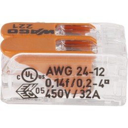 1 Pack of 10 - Wago 221 Series Lever Connector, 2-Way, 32A, 24 - 12 AWG Wire, Cage Clamp Termination
