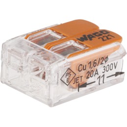 1 Pack of 10 - Wago 221 Series Lever Connector, 2-Way, 32A, 24 - 12 AWG Wire, Cage Clamp Termination