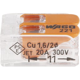 1 Pack of 10 - Wago 221 Series Lever Connector, 2-Way, 32A, 24 - 12 AWG Wire, Cage Clamp Termination