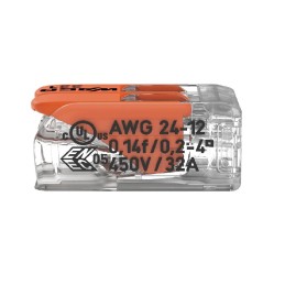 1 Pack of 10 - Wago 221 Series Lever Connector, 2-Way, 32A, 24 - 12 AWG Wire, Cage Clamp Termination