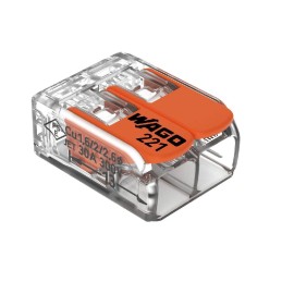 1 Pack of 10 - Wago 221 Series Lever Connector, 2-Way, 41A, 20 - 10 AWG Wire, Cage Clamp Termination