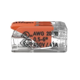 1 Pack of 10 - Wago 221 Series Lever Connector, 2-Way, 41A, 20 - 10 AWG Wire, Cage Clamp Termination