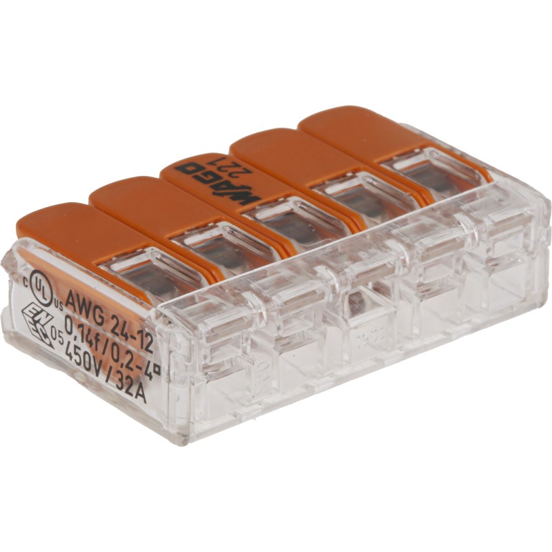 1 Pack of 10 - Wago 221 Series Lever Connector, 5-Way, 32A, 24 - 12 AWG Wire, Cage Clamp Termination