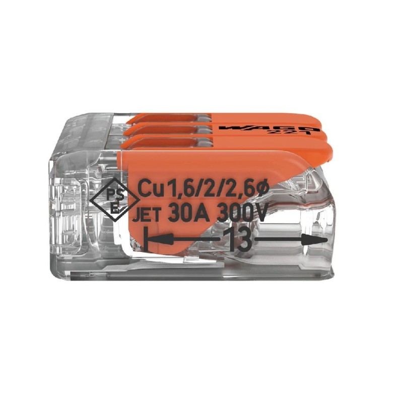 1 Pack of 10 - Wago 221 Series Lever Connector, 3-Way, 41A, 20 - 10 AWG Wire, Cage Clamp Termination