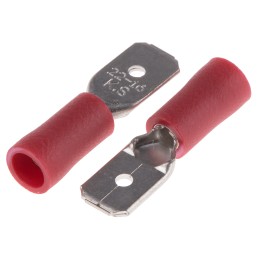 1 Pack of 100 - RS PRO Red Insulated Male Spade Connector, Tab, 6.35 x 0.8mm Tab Size, 0.5mm² to 1.5mm²