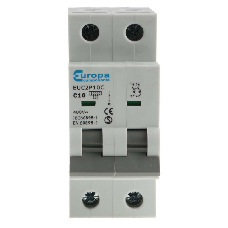 1 pcs - Europa EUC2P EUC MCB, 2P, 10A Curve C, 230V AC, 10 kA Breaking Capacity