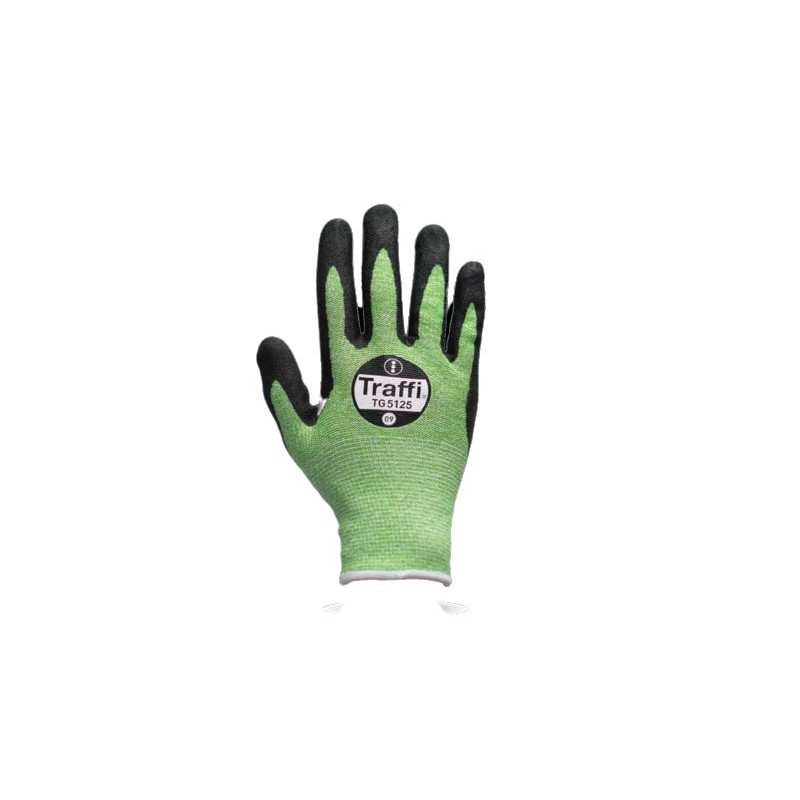1 Pair - Traffi TG5125 Black, Green Cotton, Elastane, HPPE, Polyester, Steel Safety Gloves, Size 9, Large, Nitrile Foam Coating