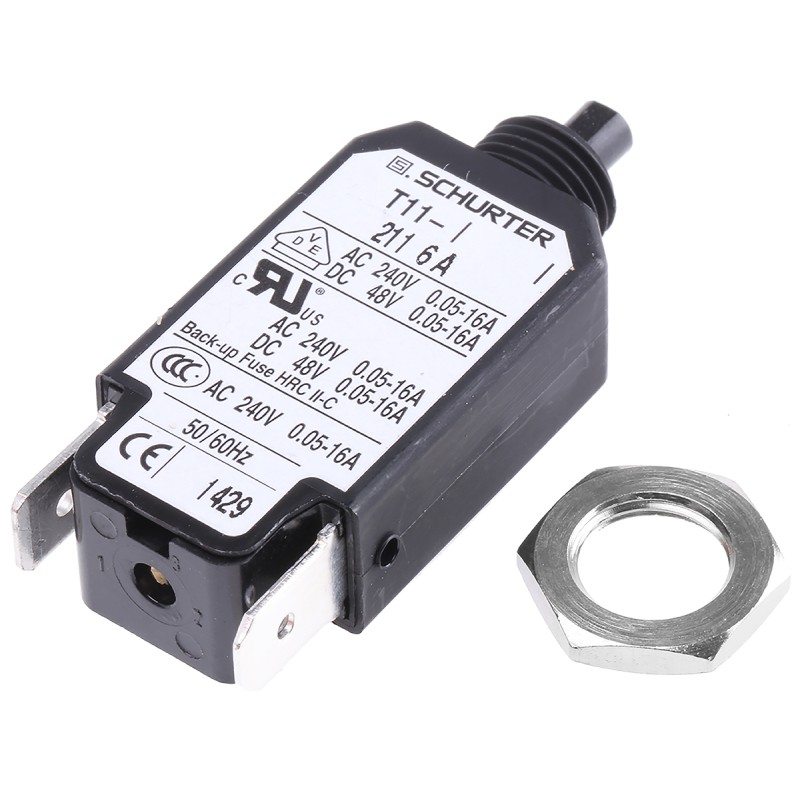 100 pcs - Schurter Thermal Circuit Breaker - T11 Single Pole 240V ac Voltage Rating, 6A Current Rating