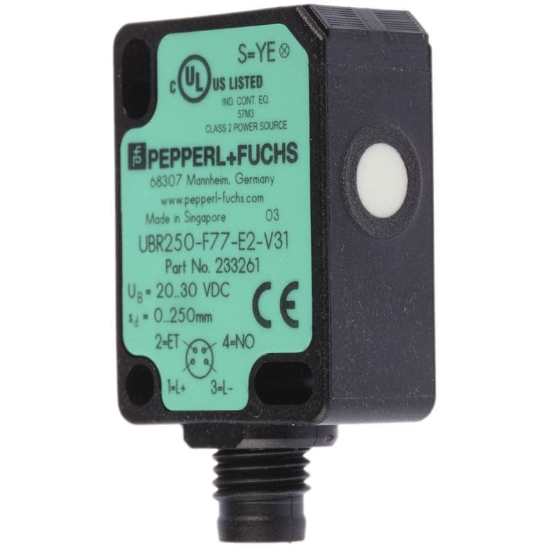 1 pcs - Pepperl + Fuchs Ultrasonic Block-Style Proximity Sensor, M8 x 1, 0 - 250 mm Detection, PNP Output, 20 -