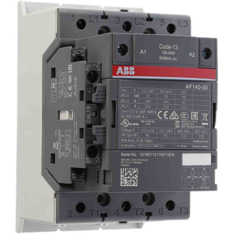 1 pcs - ABB AF Series Contactor, 230 V ac Coil, 3-Pole, 200 A, 75 kW, 3NO, 690 V ac