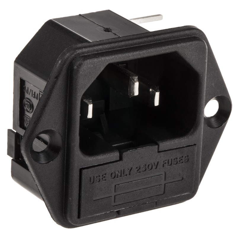1 pcs - Bulgin C14 Right Angle Panel Mount IEC Connector Male, 10A, 250 V, Fuse Size 5 x 20mm