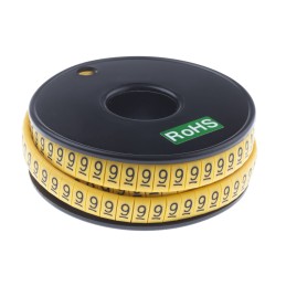 1 Reel of 500 - RS PRO Slide On Cable Markers, Black on Yellow, Pre-printed '9', 3.5 - 7mm Cable