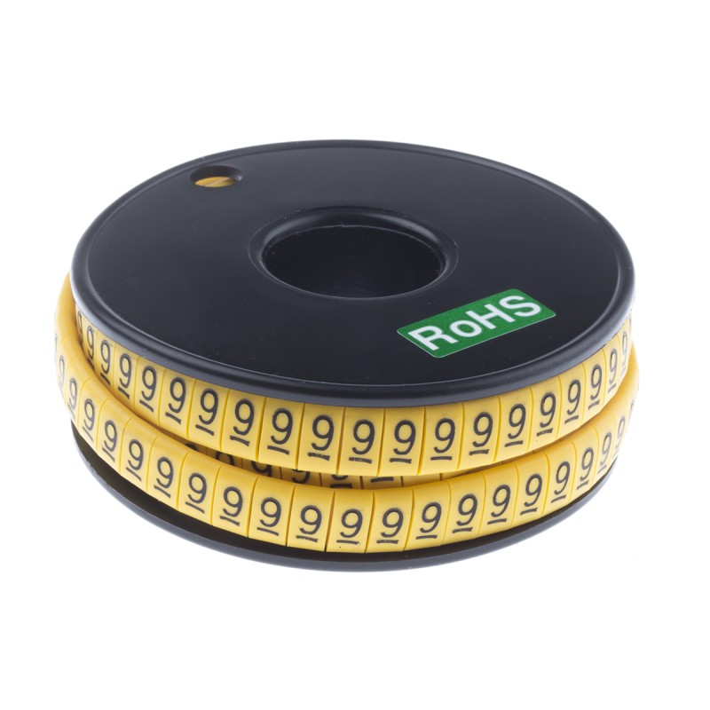 1 Reel of 500 - RS PRO Slide On Cable Markers, Black on Yellow, Pre-printed '9', 3.5 - 7mm Cable