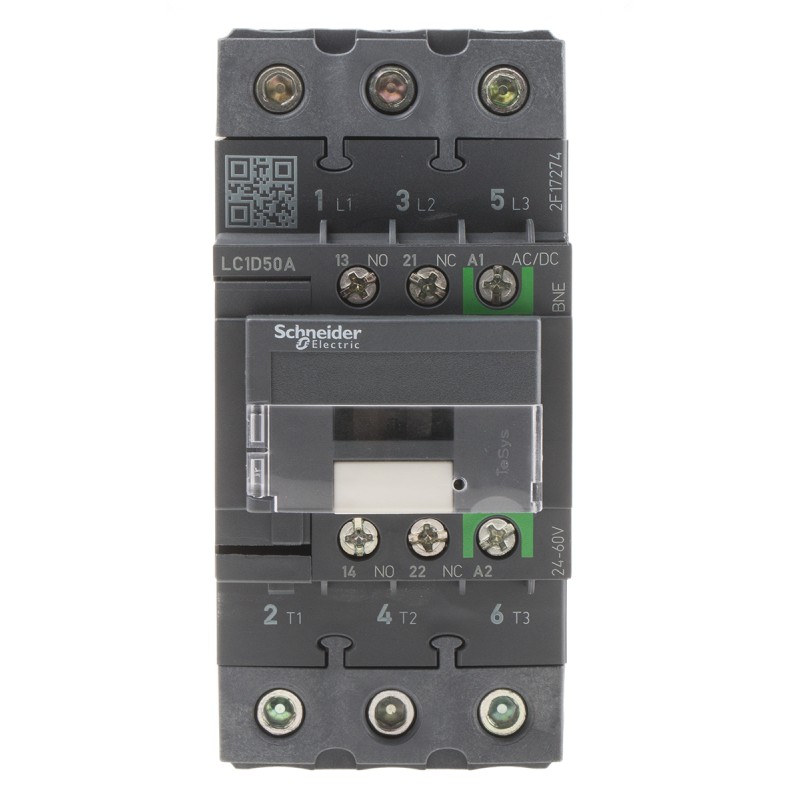 1 pcs - Schneider Electric LC1D Series Contactor, 24 V ac/dc Coil, 3-Pole, 50 A, 22 kW, 3NO, 690 V ac