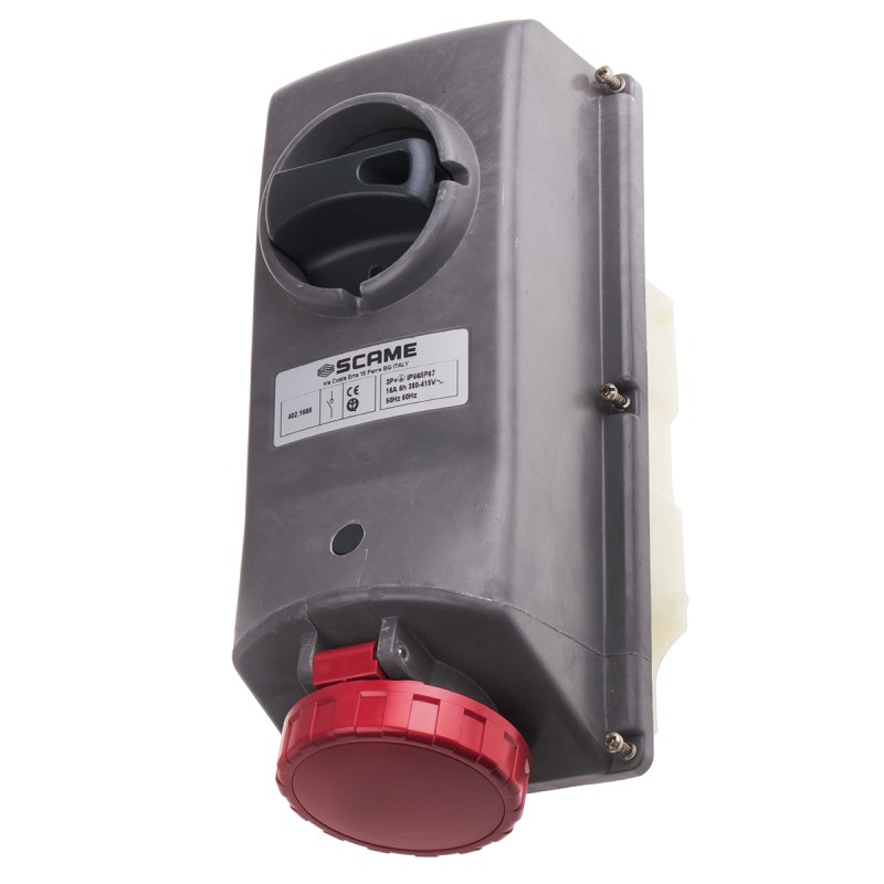 1 pcs - Scame IP67 Red Panel Mount 3P + E Right Angle Industrial Power Socket, Rated At 16A, 415 V